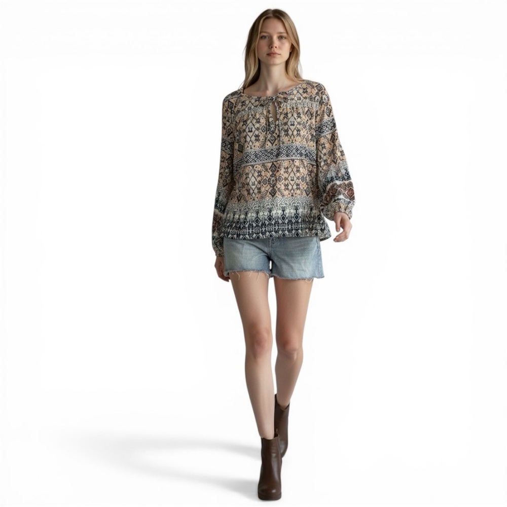 Lucky Brand Boho Peasant Top XL Tassel Tie Tribal Print Long Sleeve Blouse